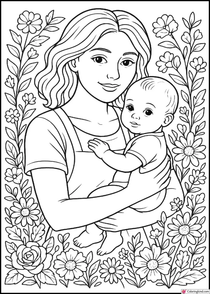 Mother Carrying Baby in a Flower Garden