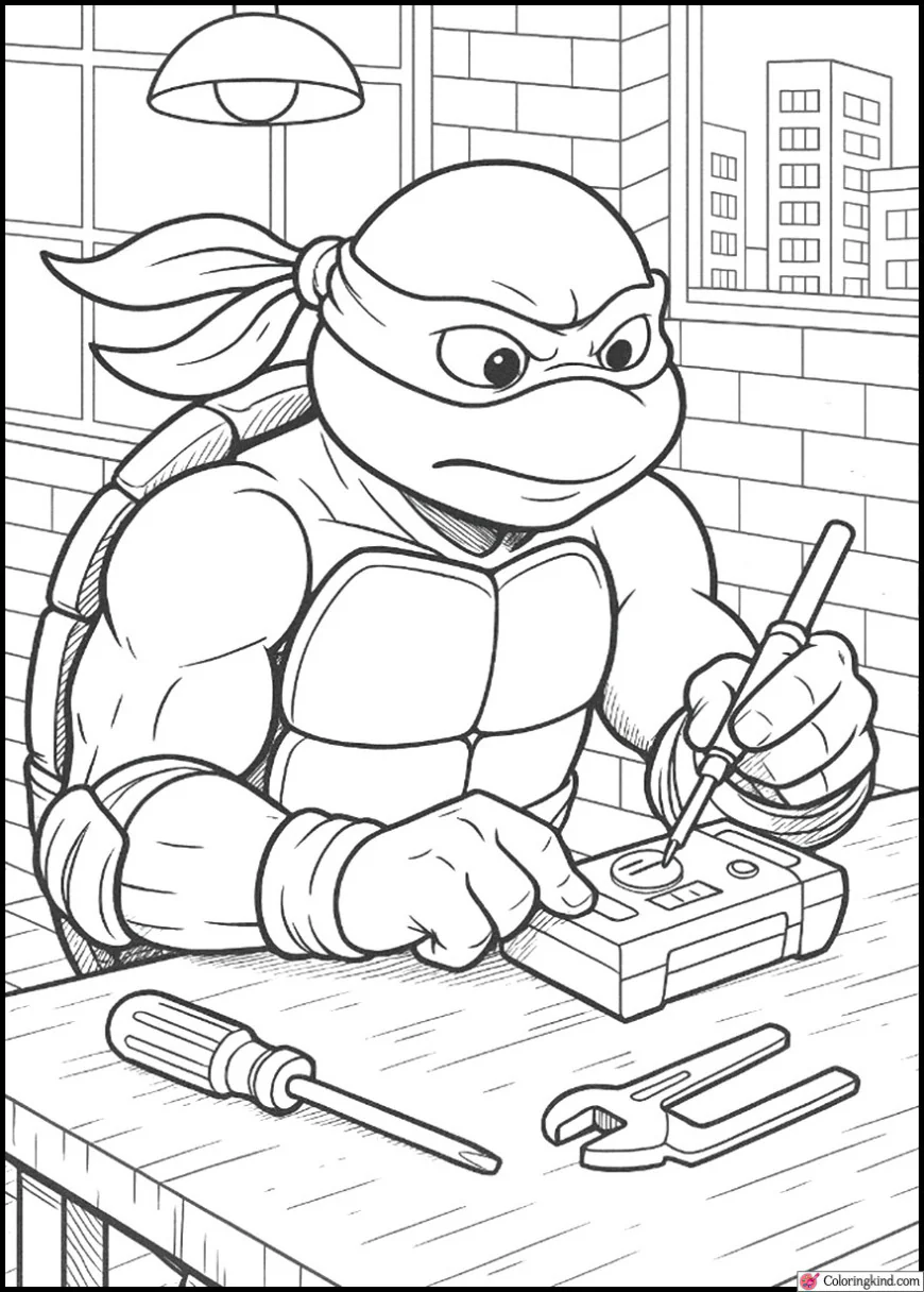 Donatello Repairing Gadgets in the City Workshop
