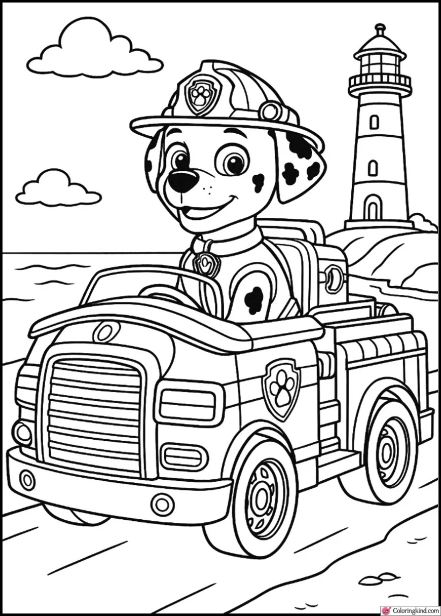 Marshall Driving the Fire Truck Near the Lighthouse