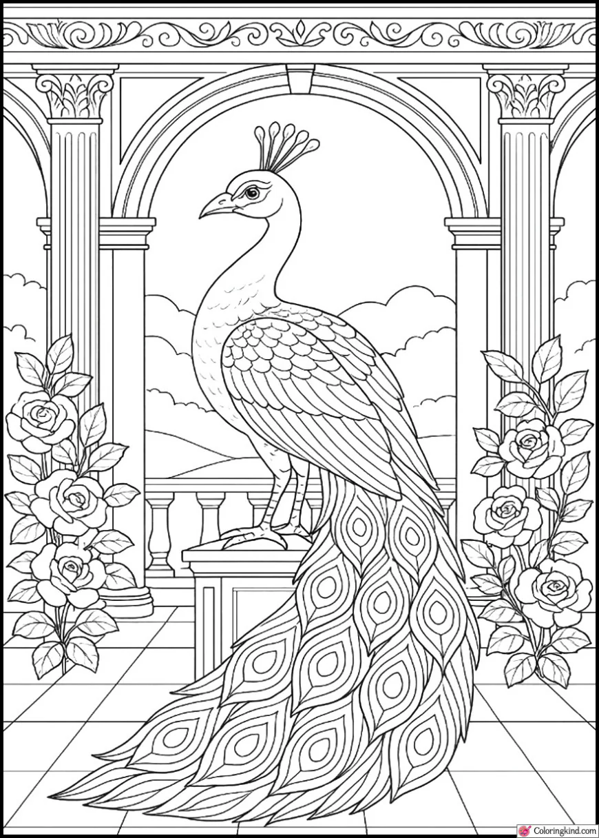 Peacock in Elegant Garden Pavilion