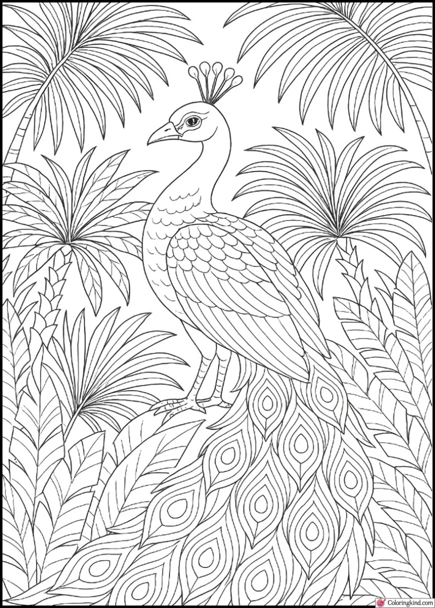 Peacock Surrounded by Exotic Palm Trees
