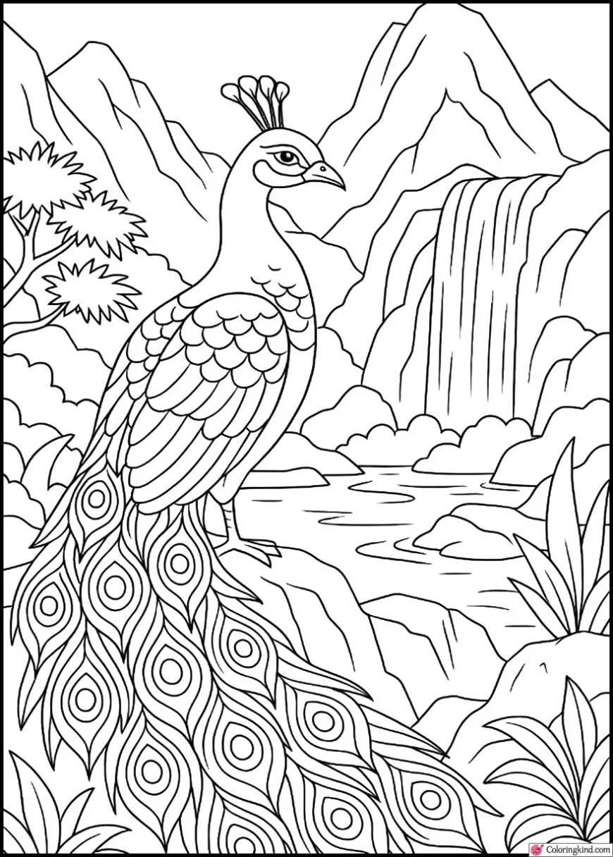Peacock Beside Mountain Waterfall