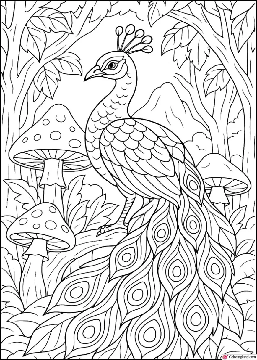 Peacock Among Magical Forest Mushrooms