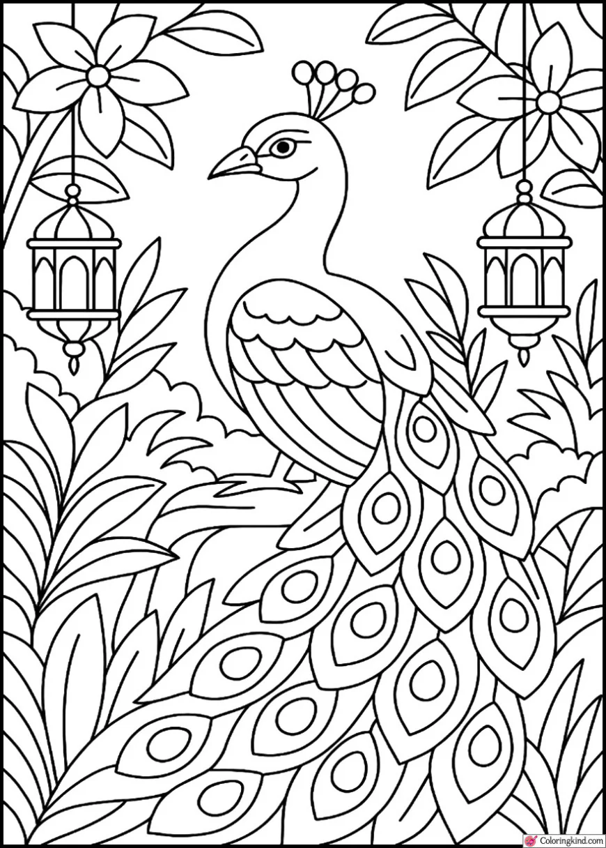 Peacock in Indian Garden with Lanterns