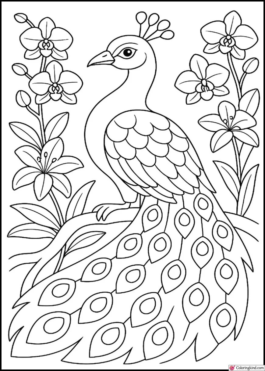 Peacock Among Orchids and Lilies