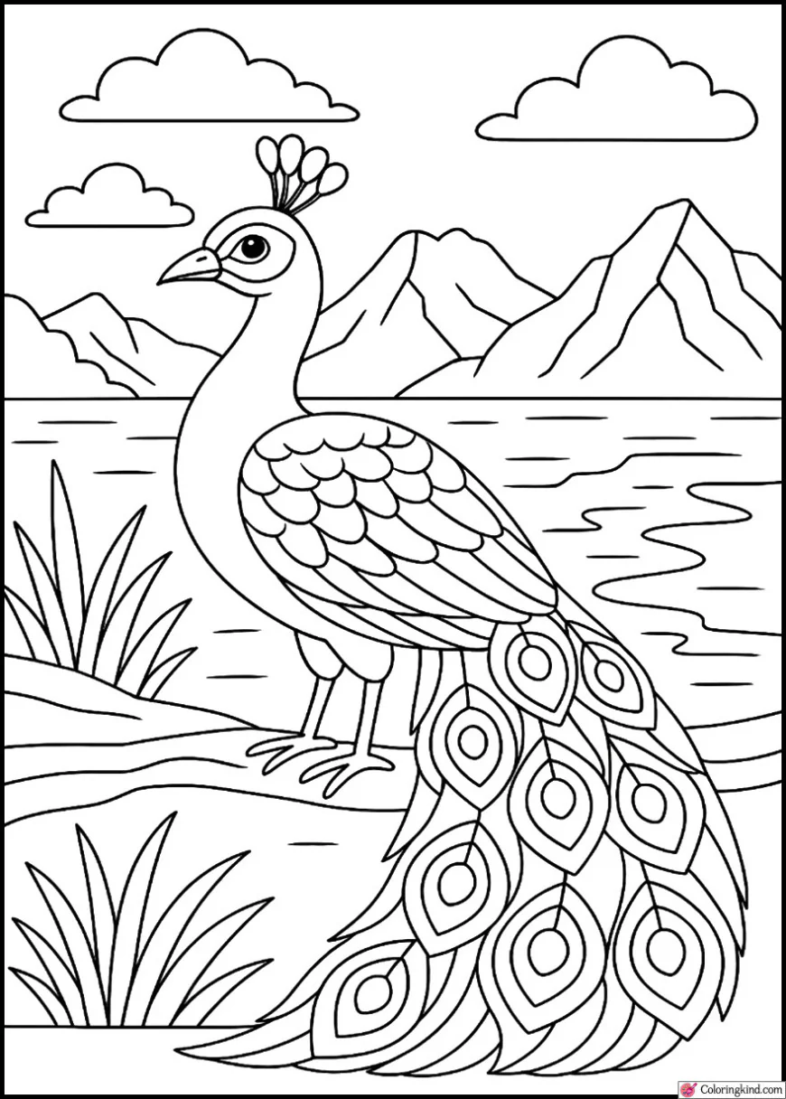 Peacock Standing Near Crystal Lake