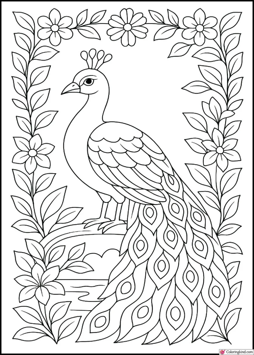 Peacock with Decorative Floral Frame