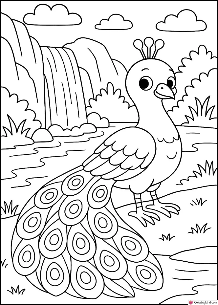 Peacock Standing Beside a Waterfall