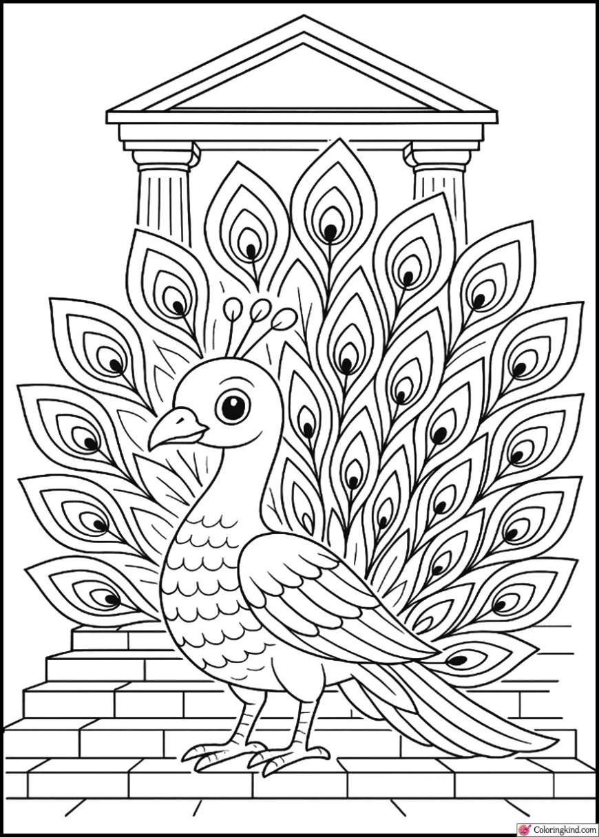 Peacock on an Ancient Temple Stairs