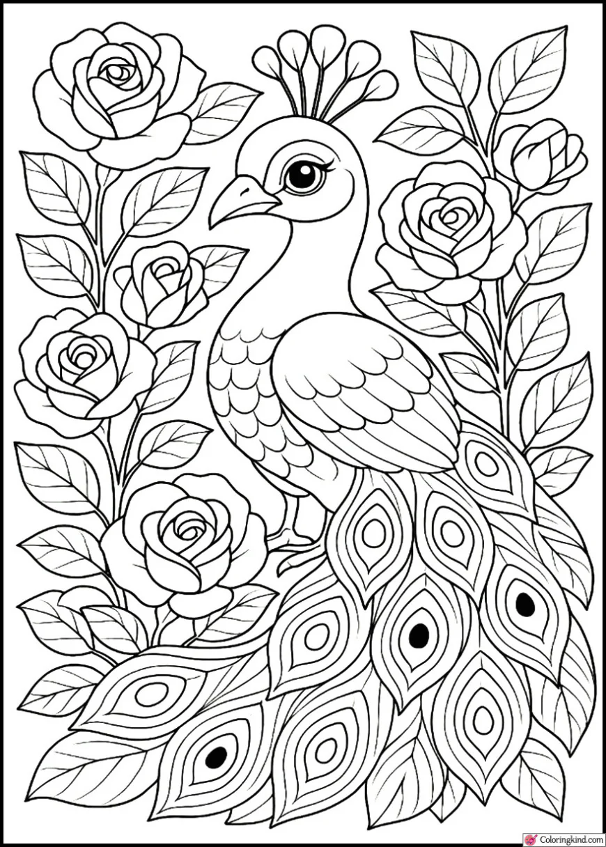 Peacock with Blooming Roses Around