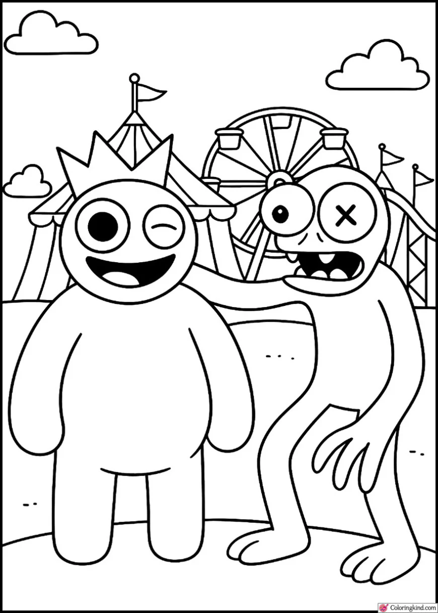 Blue and Green Rainbow Friends at Amusement Park