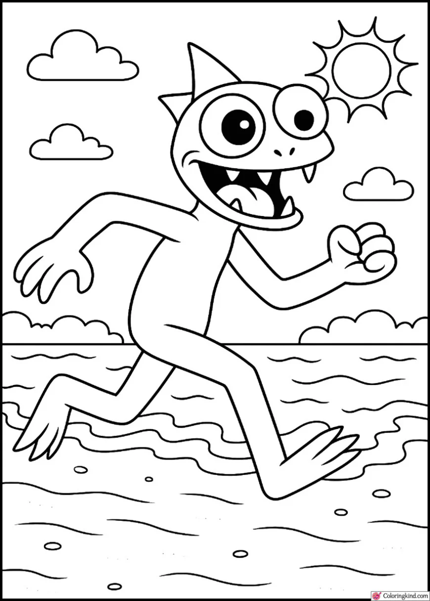 Orange Rainbow Friend Running on a Beach