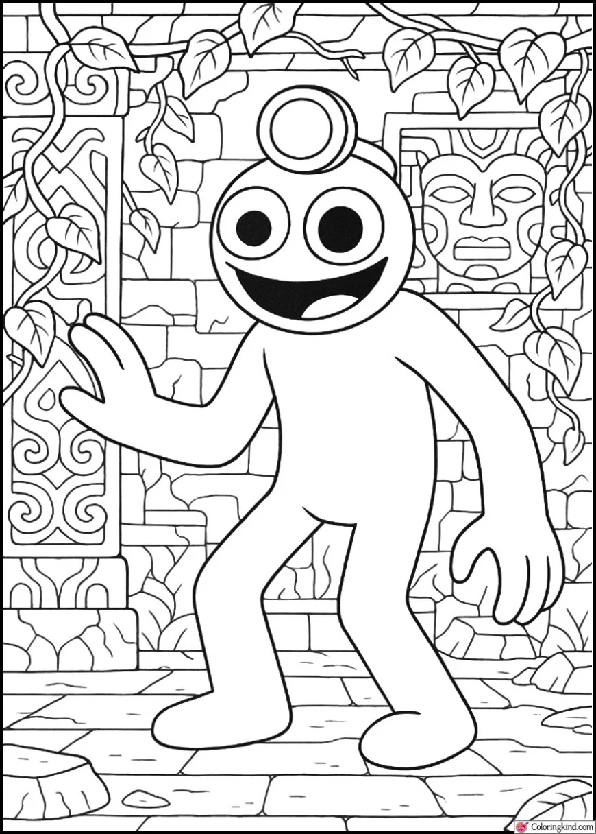 Green Rainbow Friend Exploring Ancient Temple