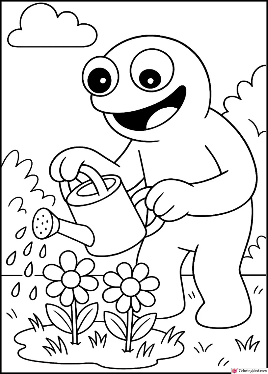 Green Rainbow Friend Watering Flowers
