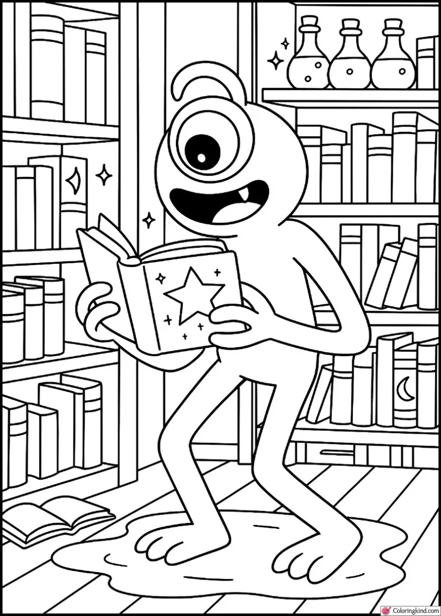 Purple Rainbow Friend in a Library of Magic Books