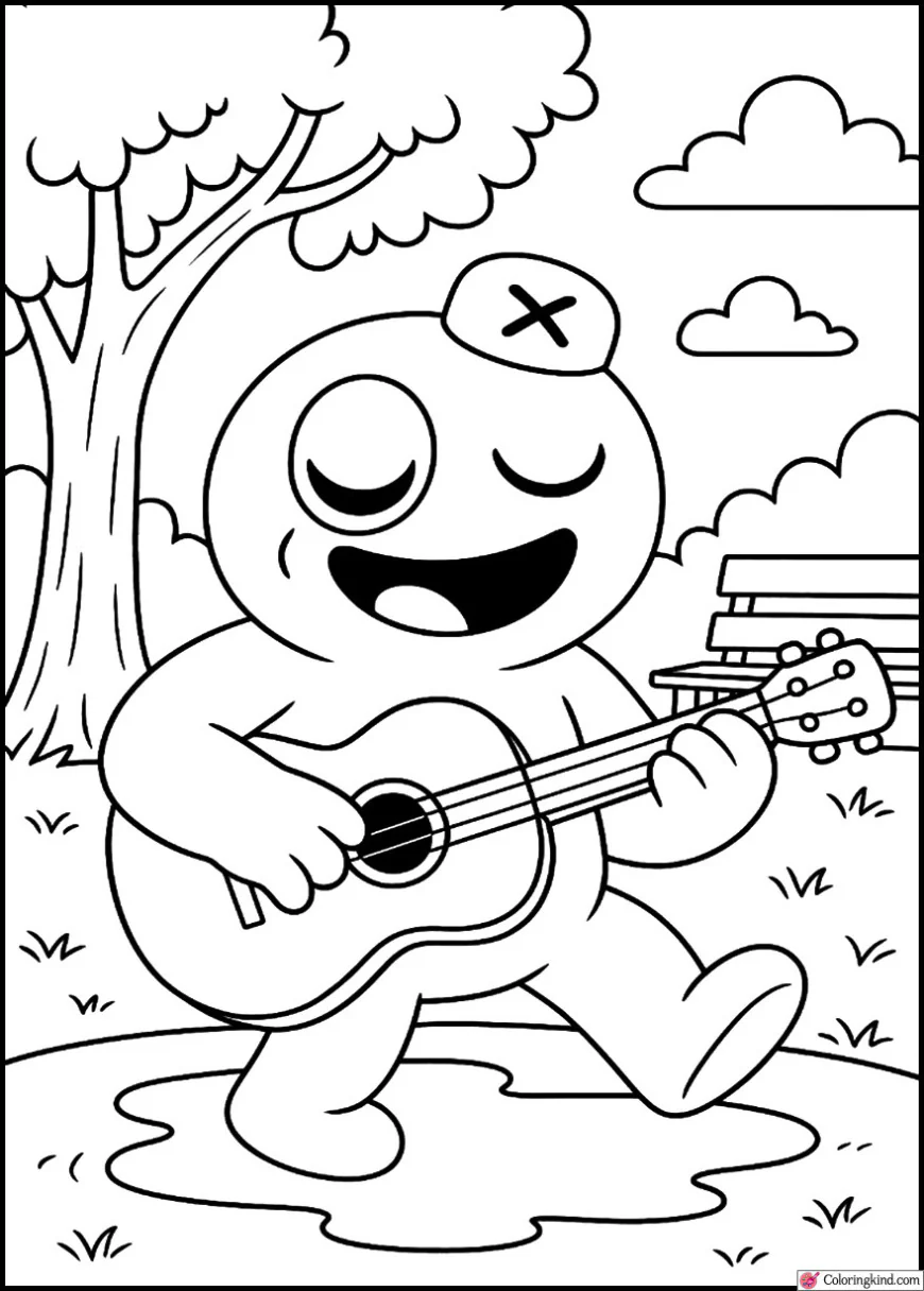 Blue Rainbow Friend Playing Guitar in Park