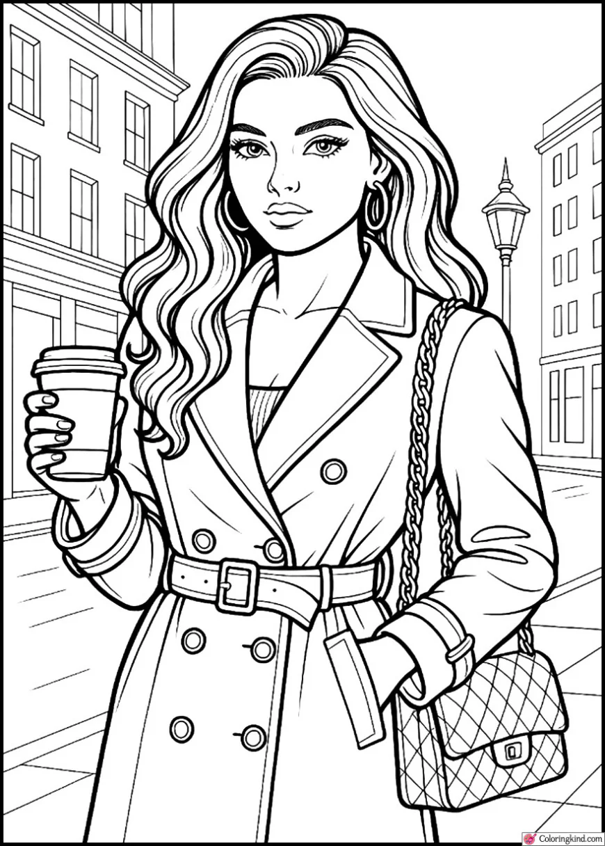 Glamorous City Girl with Coffee Cup