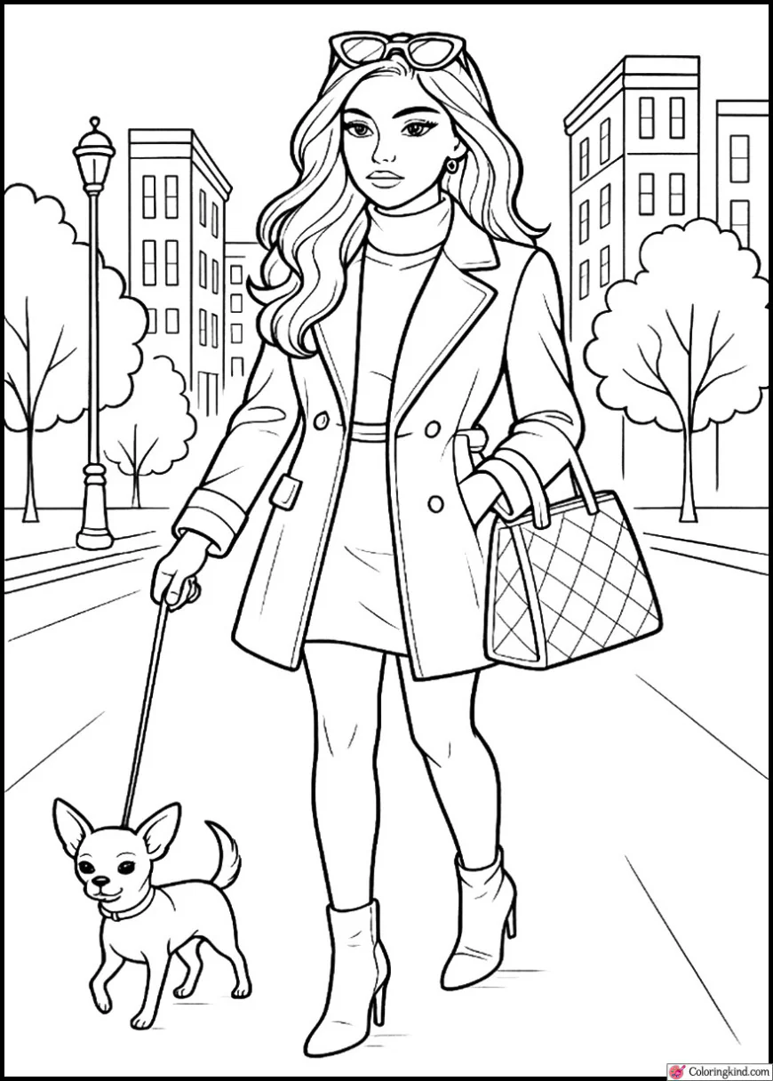 Fashionista Walking a Small Dog