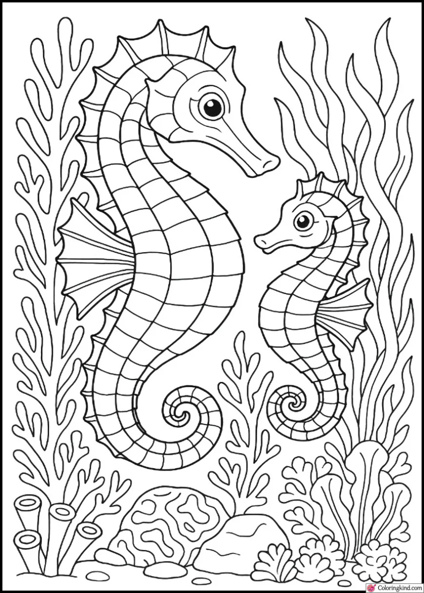 Seahorse and Baby Exploring Reefs