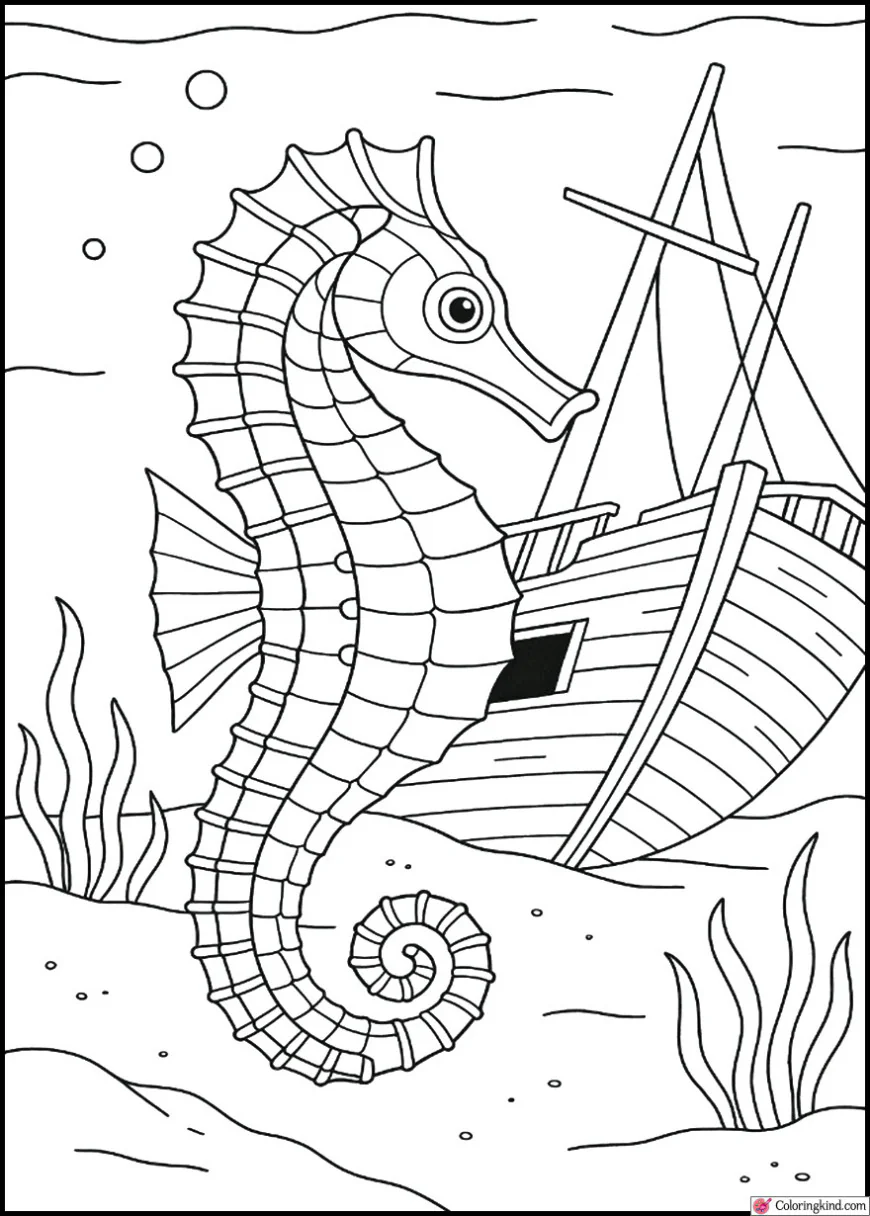 Seahorse Drifting Near Shipwreck