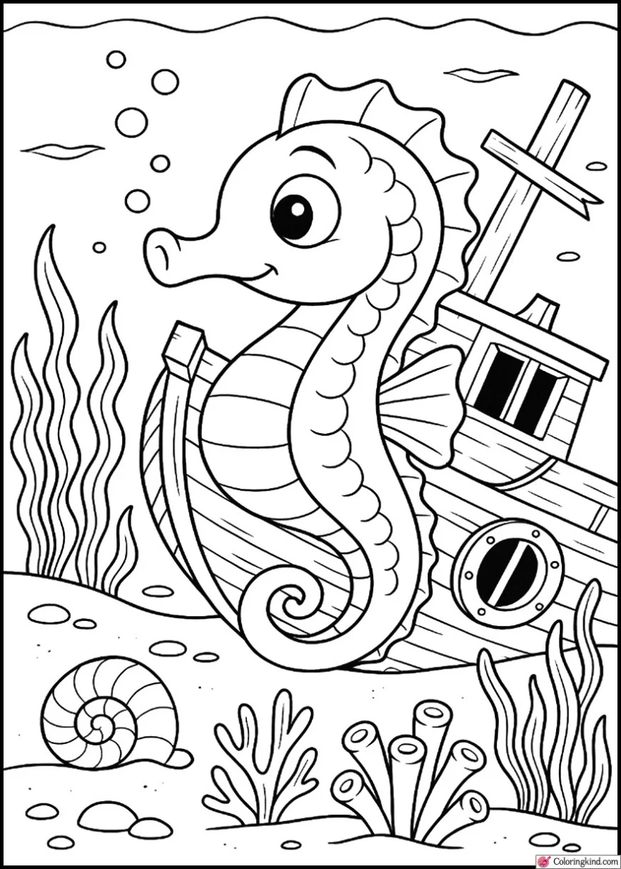 Seahorse Exploring a Sunken Ship