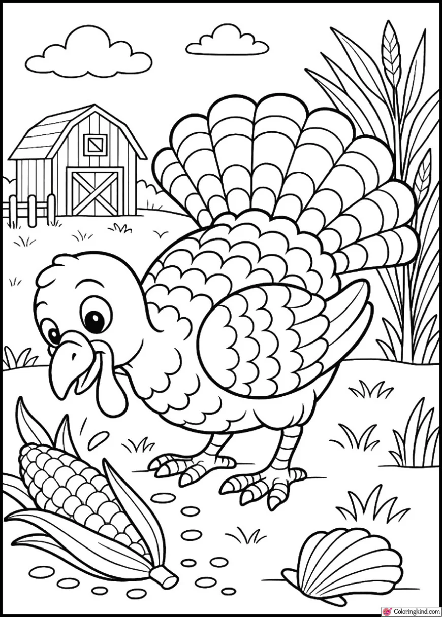 Turkey Pecking Corn on the Farm