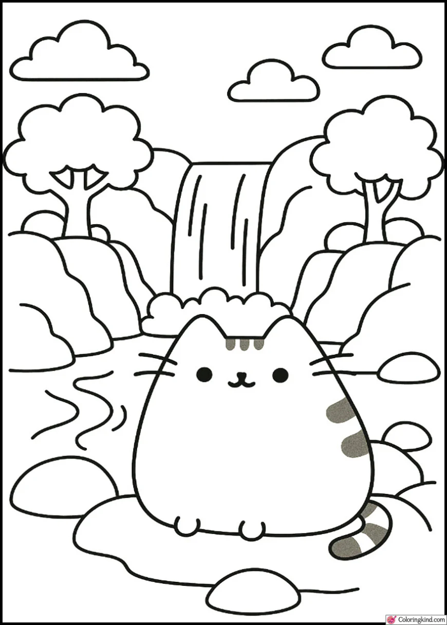 Pusheen Sitting Beside a Waterfall