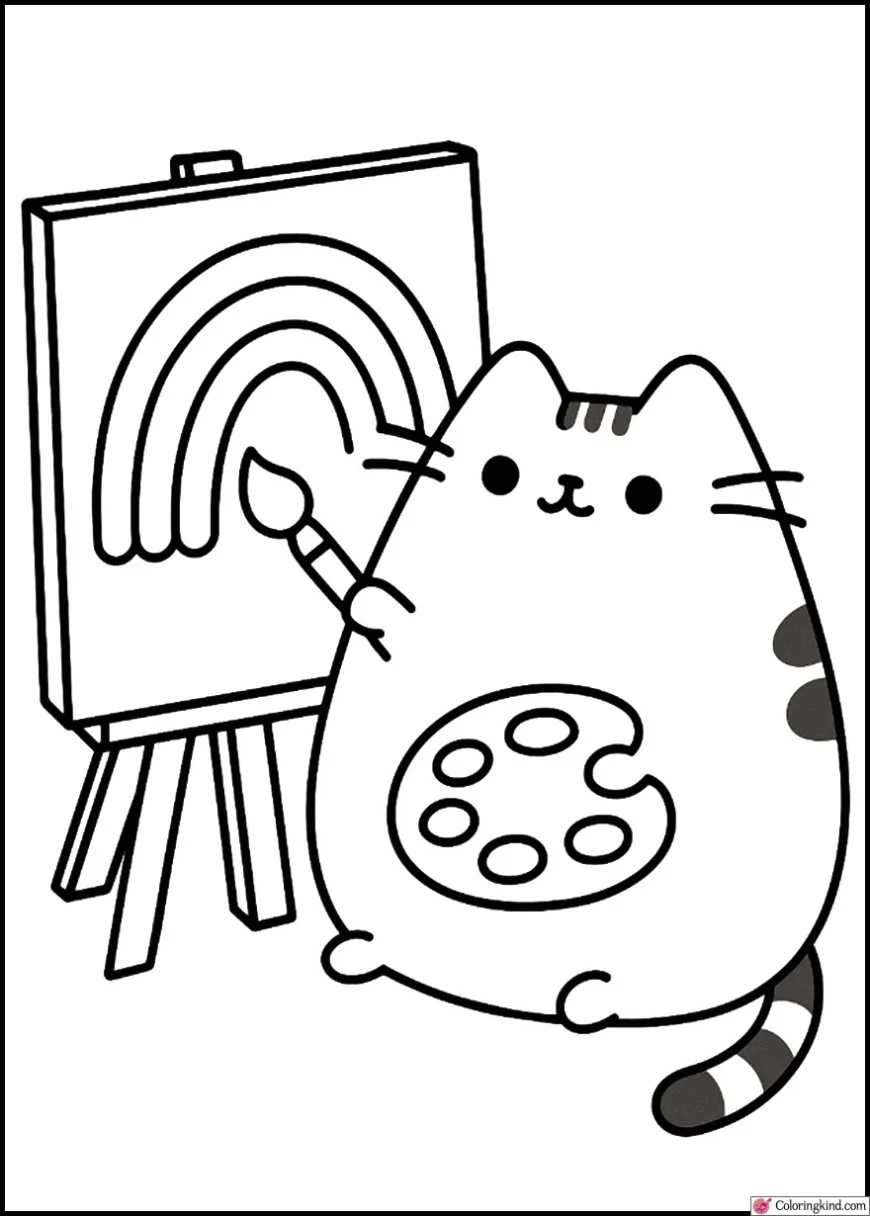 Pusheen Painting a Rainbow on a Canvas