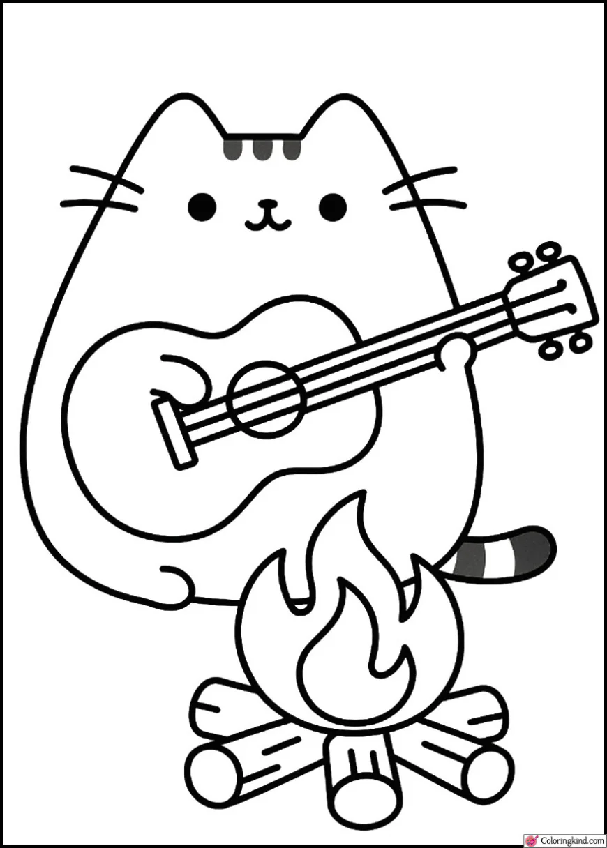 Pusheen Playing Guitar at a Campfire