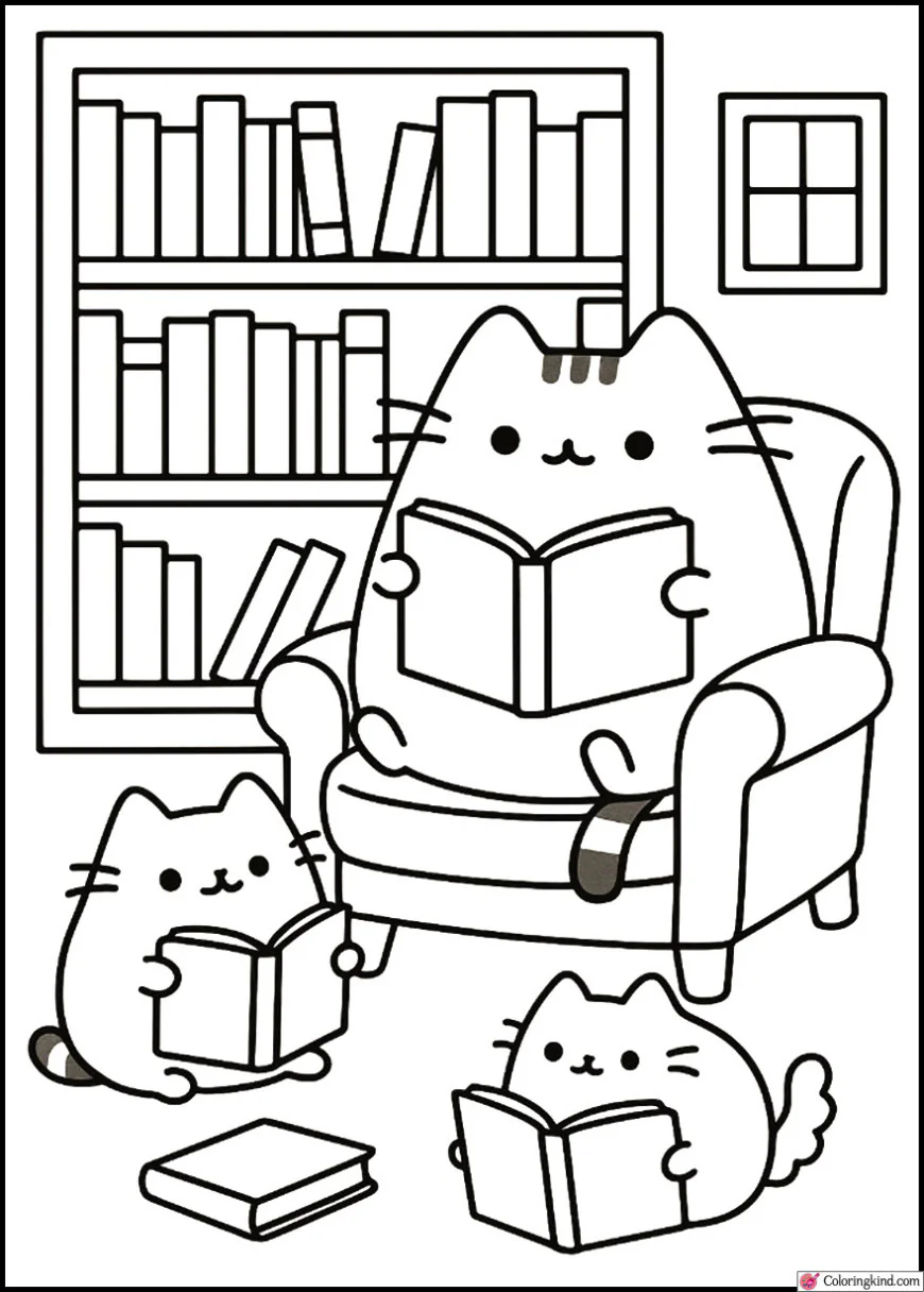 Pusheen and Cheek Reading Books in a Library Nook