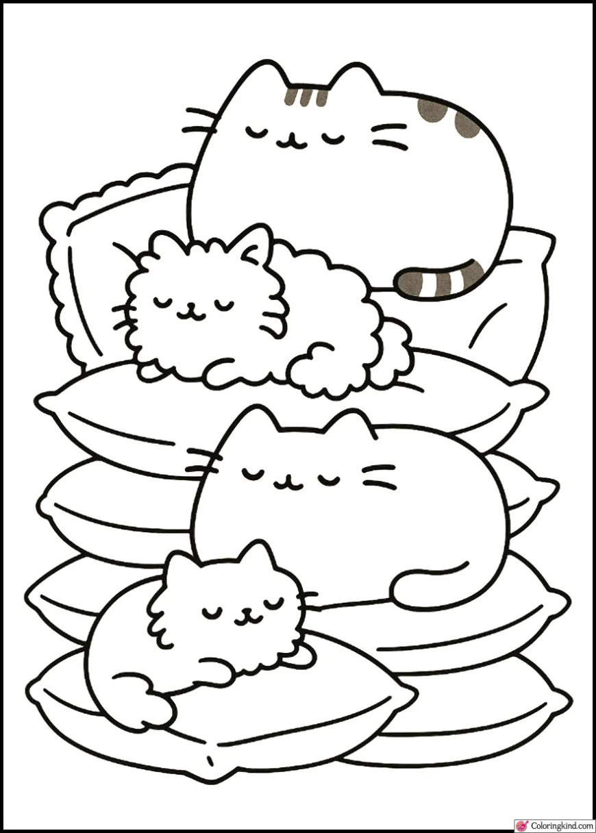 Pusheen and Friends Napping on a Pile of Pillows