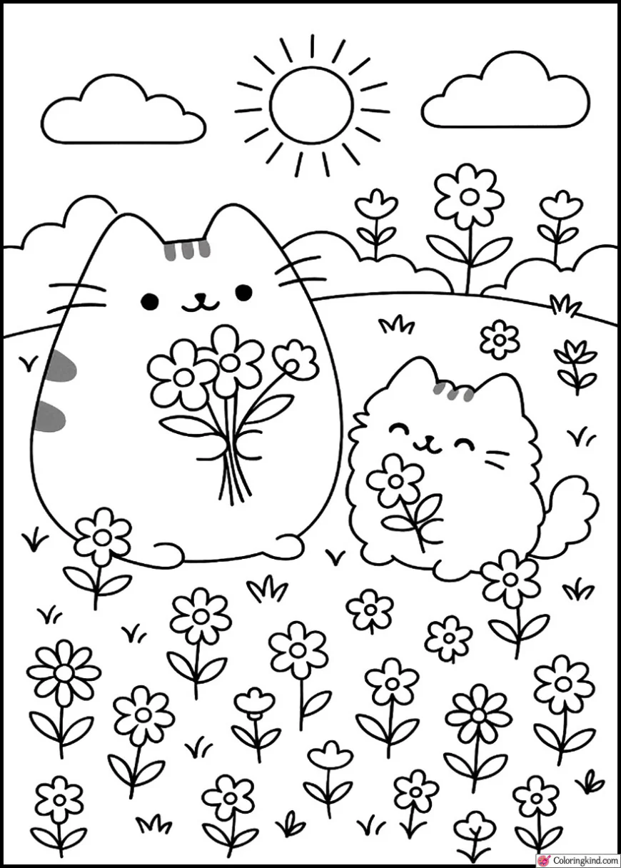 Pusheen and Stormy Picking Spring Flowers in a Meadow