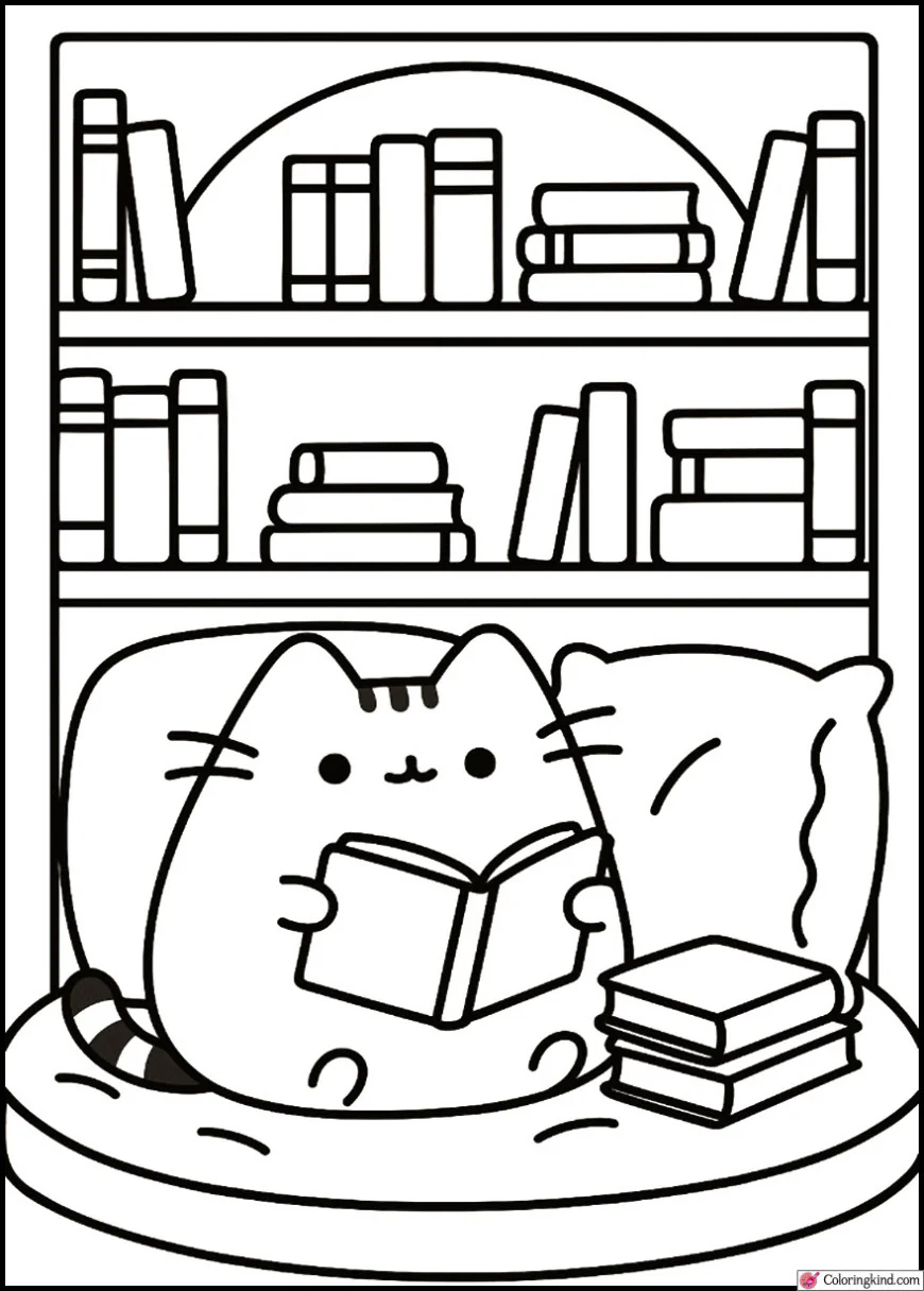 Pusheen Reading Books in a Library Nook