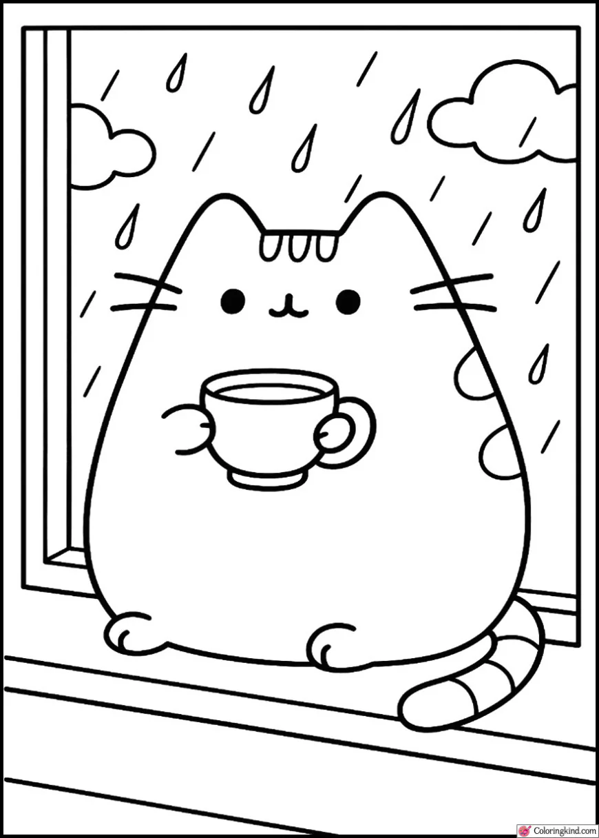 Pusheen Drinking Tea by a Rainy Window