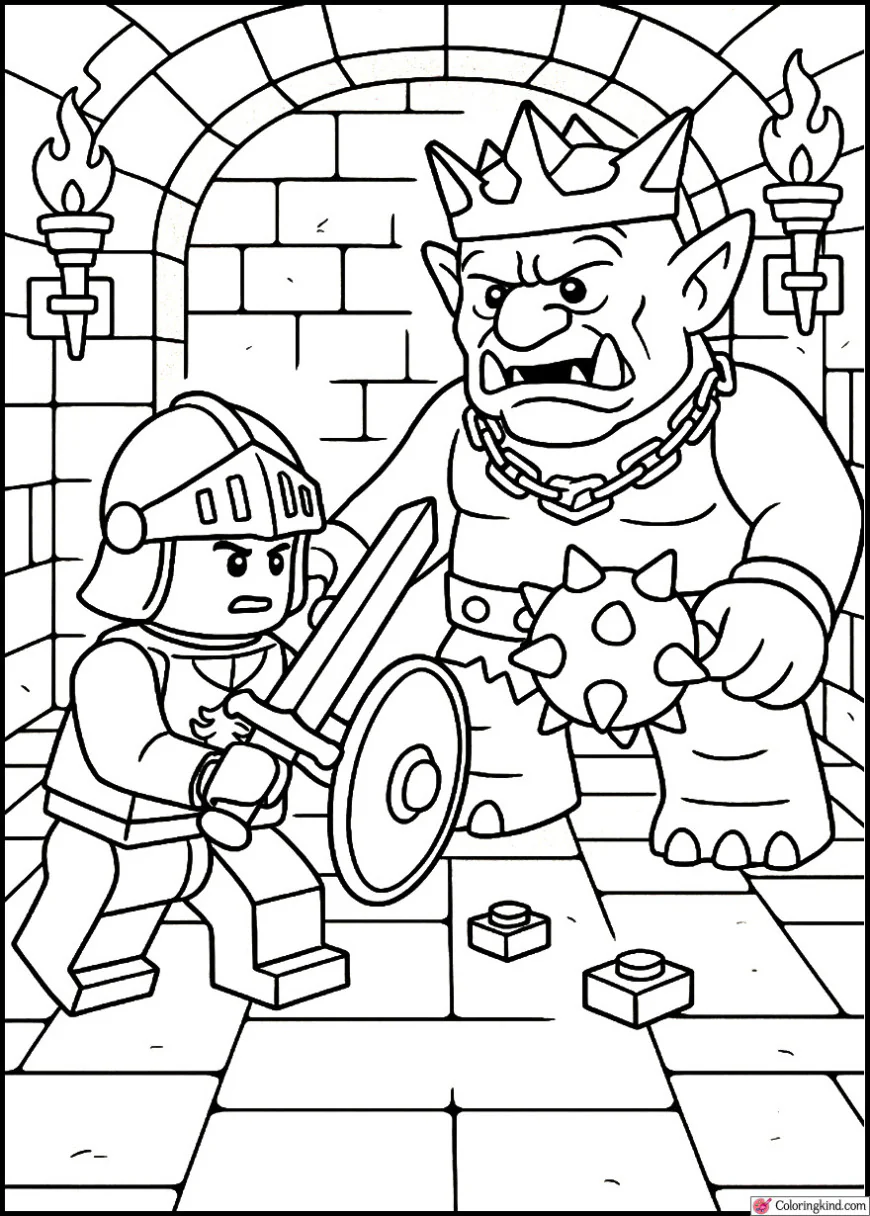 Knight fighting troll king in dungeon boss arena - Lego