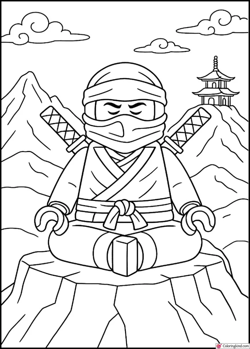 Ninja meditating before final duel on mountaintop