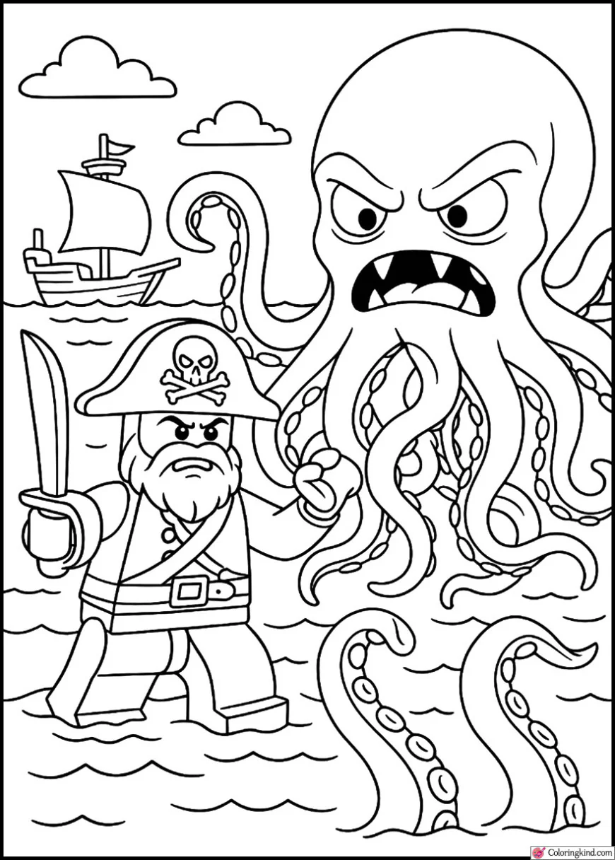 Pirate fighting kraken in ocean boss level
