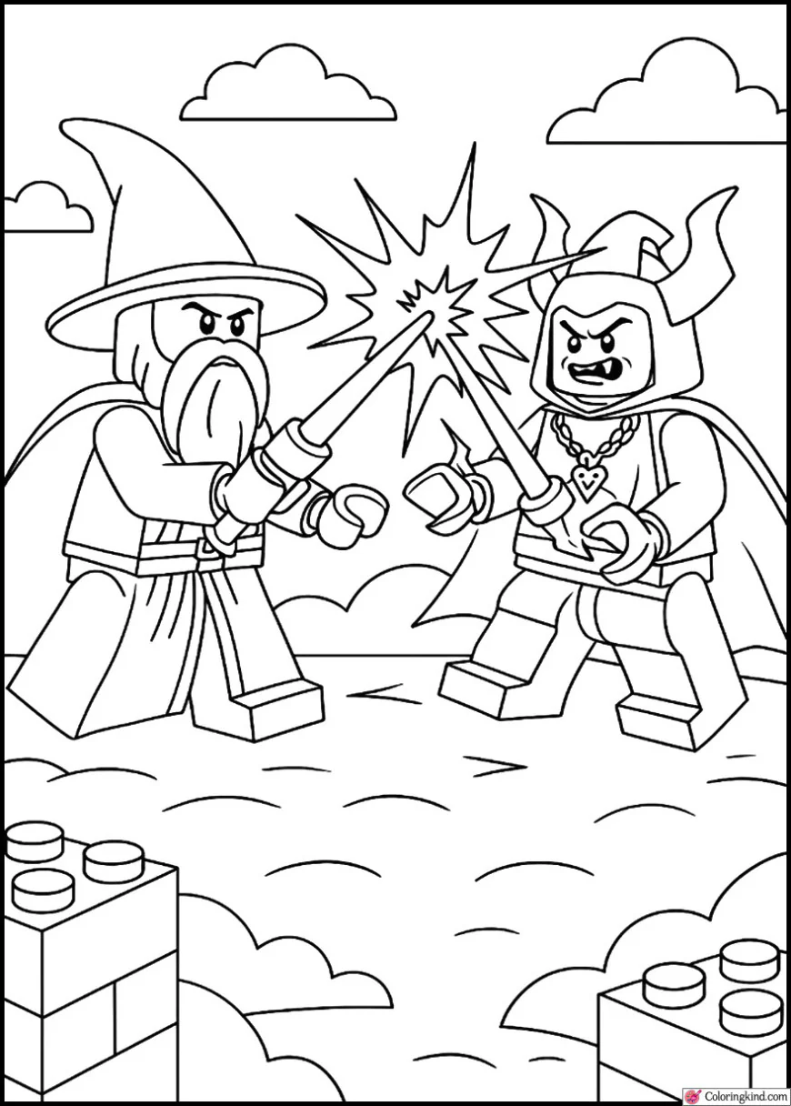 Wizard battling dark sorcerer in magic duel