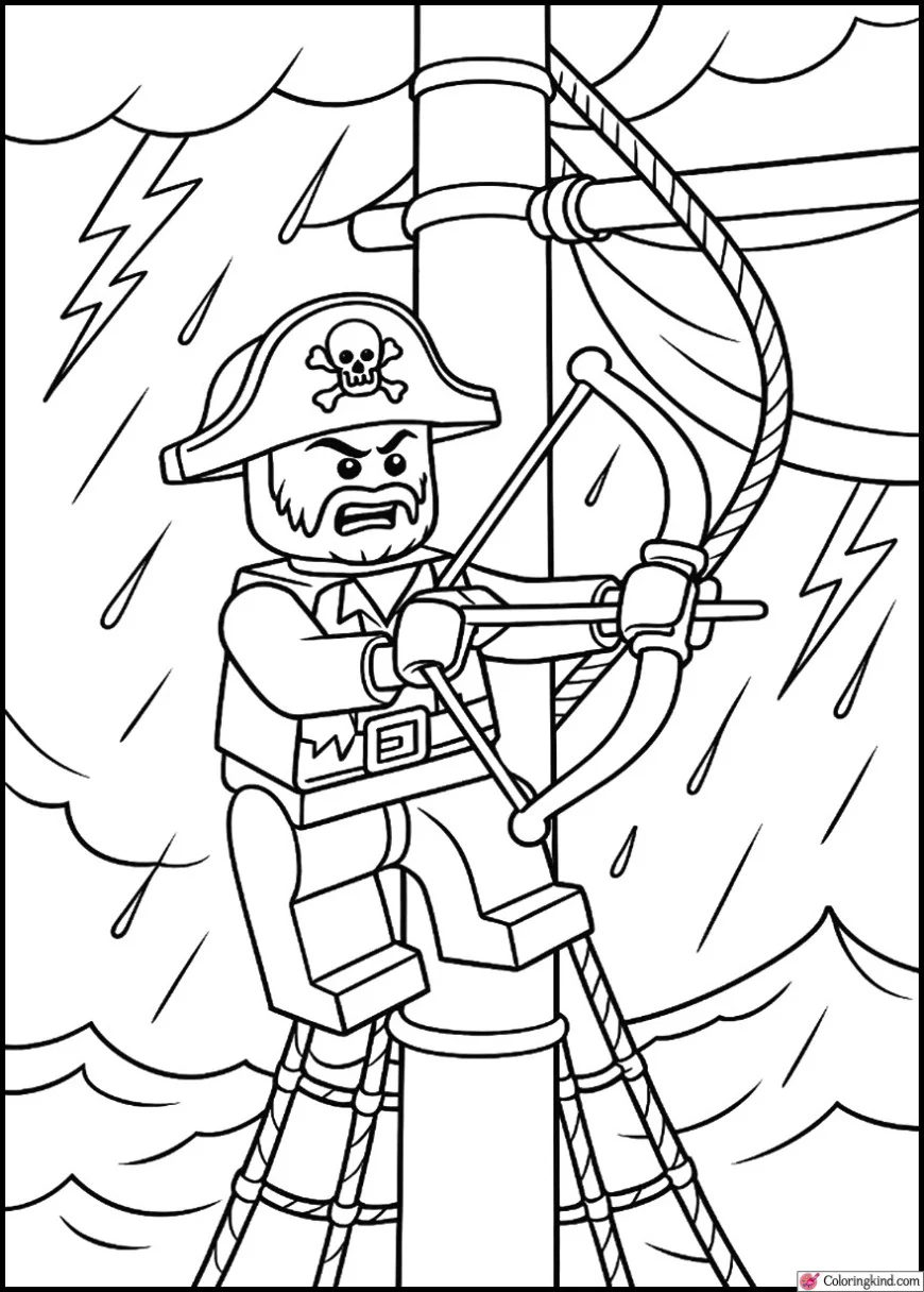 LEGO Pirate climbing ship mast during battle storm