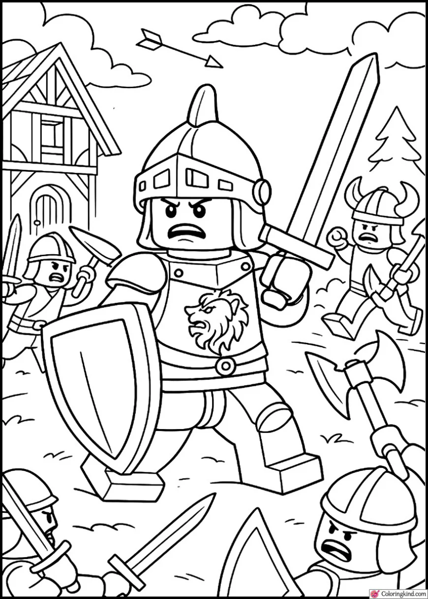 Knight defending village from invaders, epic battle line art