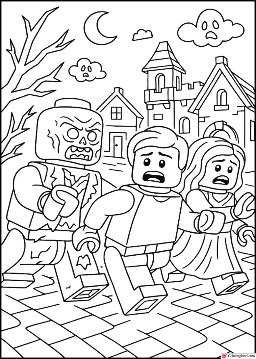 Zombie chasing survivors in haunted LEGO town