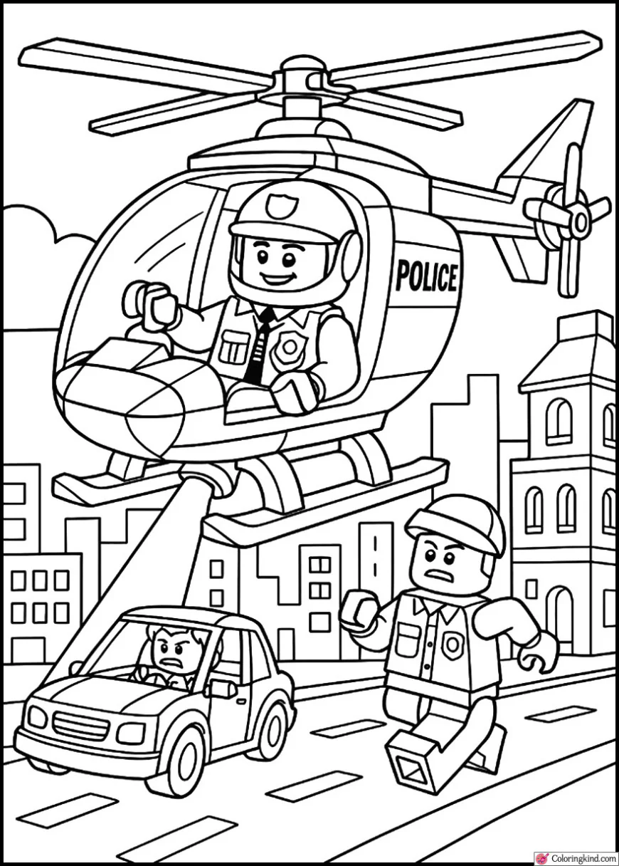 Police pilot flying helicopter over city chase scene