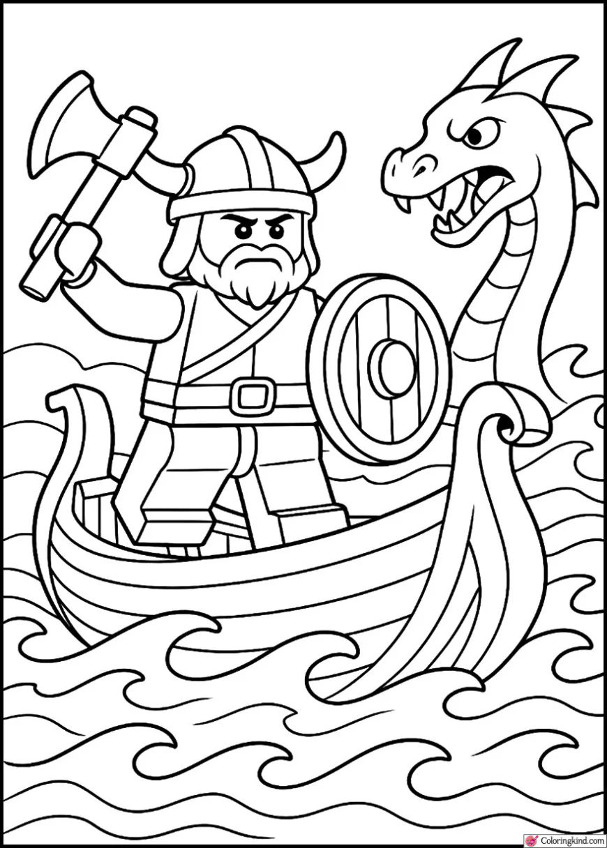 Viking raider defending ship from sea monster