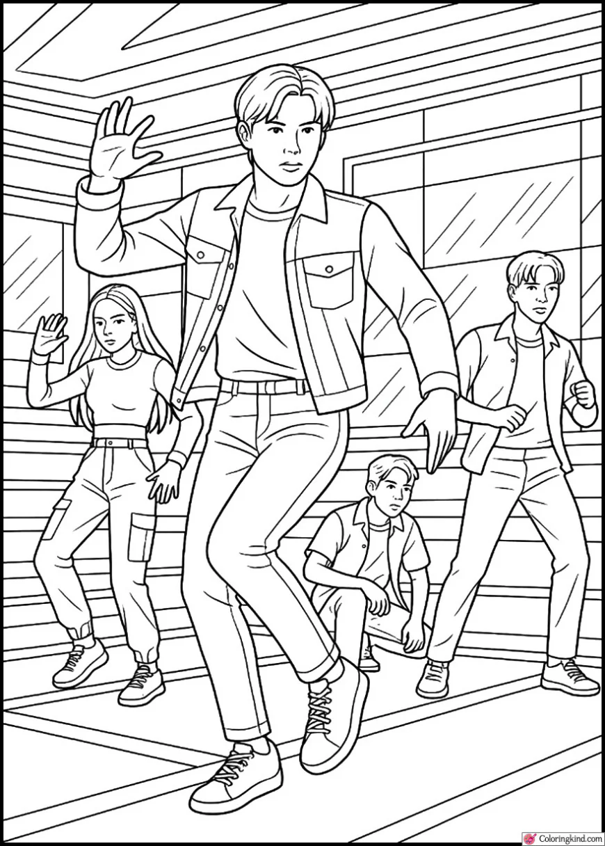K-Pop Dance Crew on Neon Lit Stage