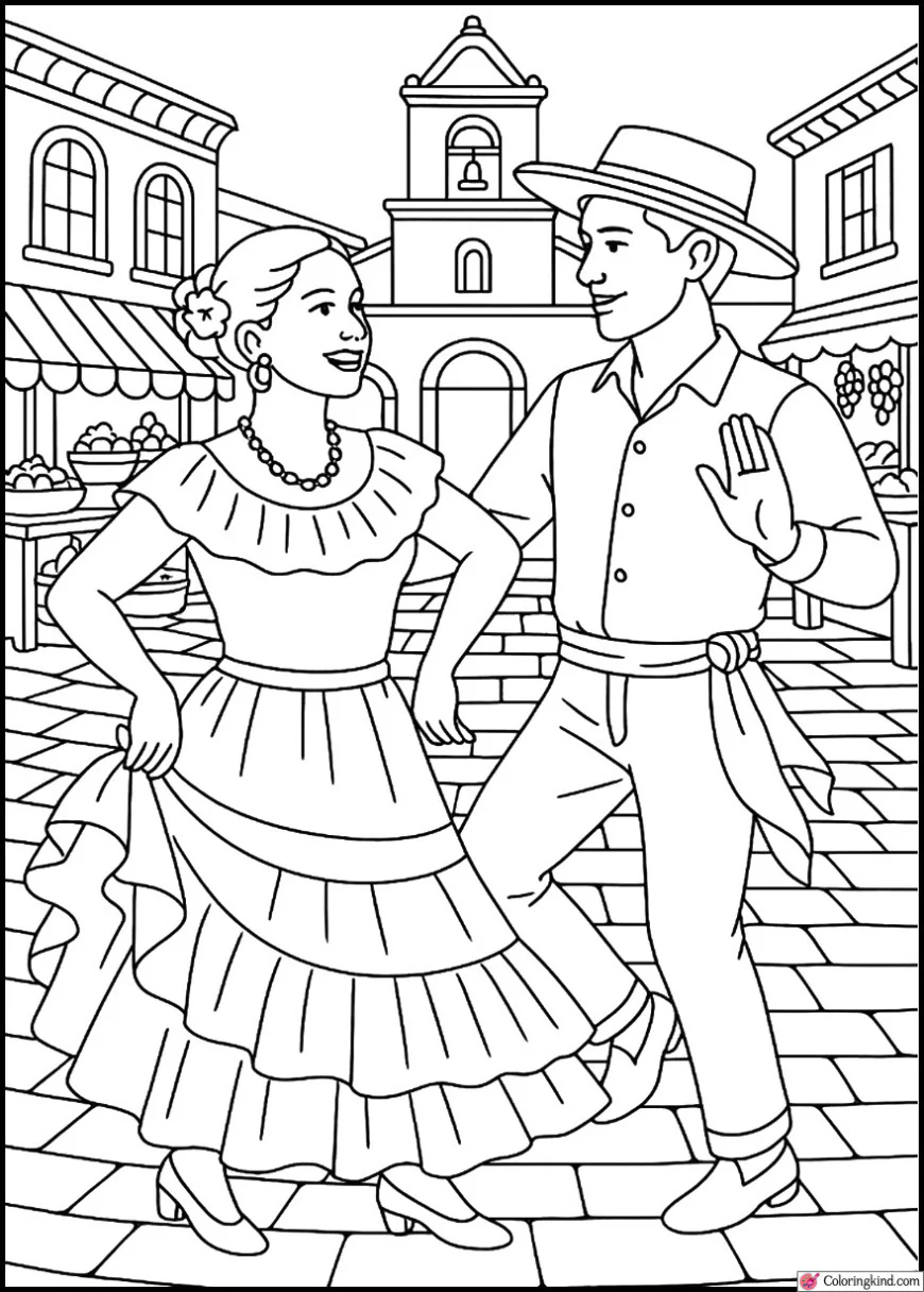 Cumbia Dance in Colorful Latin Plaza with Market Stalls