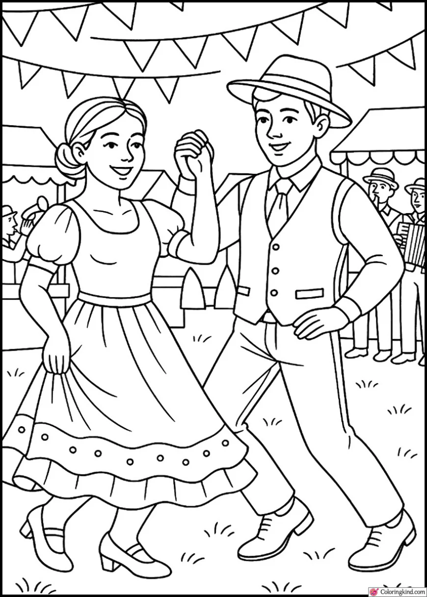 Polka Dancers at Country Fair with Flags and Musicians