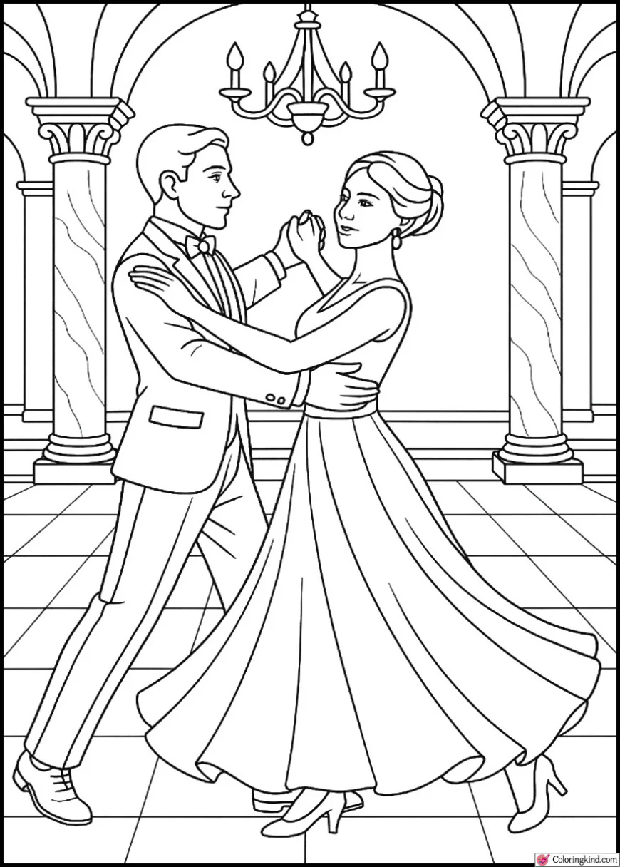 Elegant Waltz in Palace Ballroom with Marble Columns