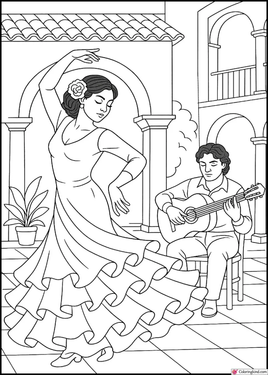 Flamenco Dancer Spinning in Spanish Courtyard