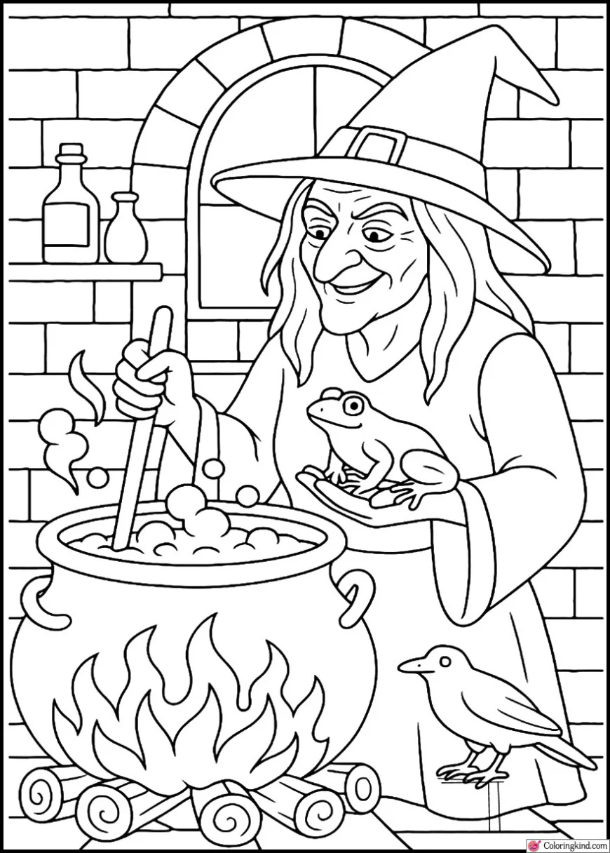 Witch Brewing Potion with Frog