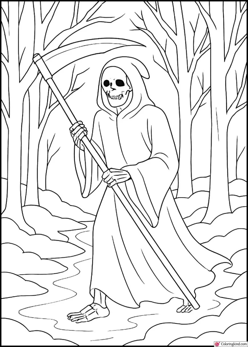 Grim Reaper Walking on Foggy Path